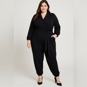 New! Eloquii Jumpsuit 18/20 Black Faux‎ Wrap Shawl Neck Belted Long Sleeve